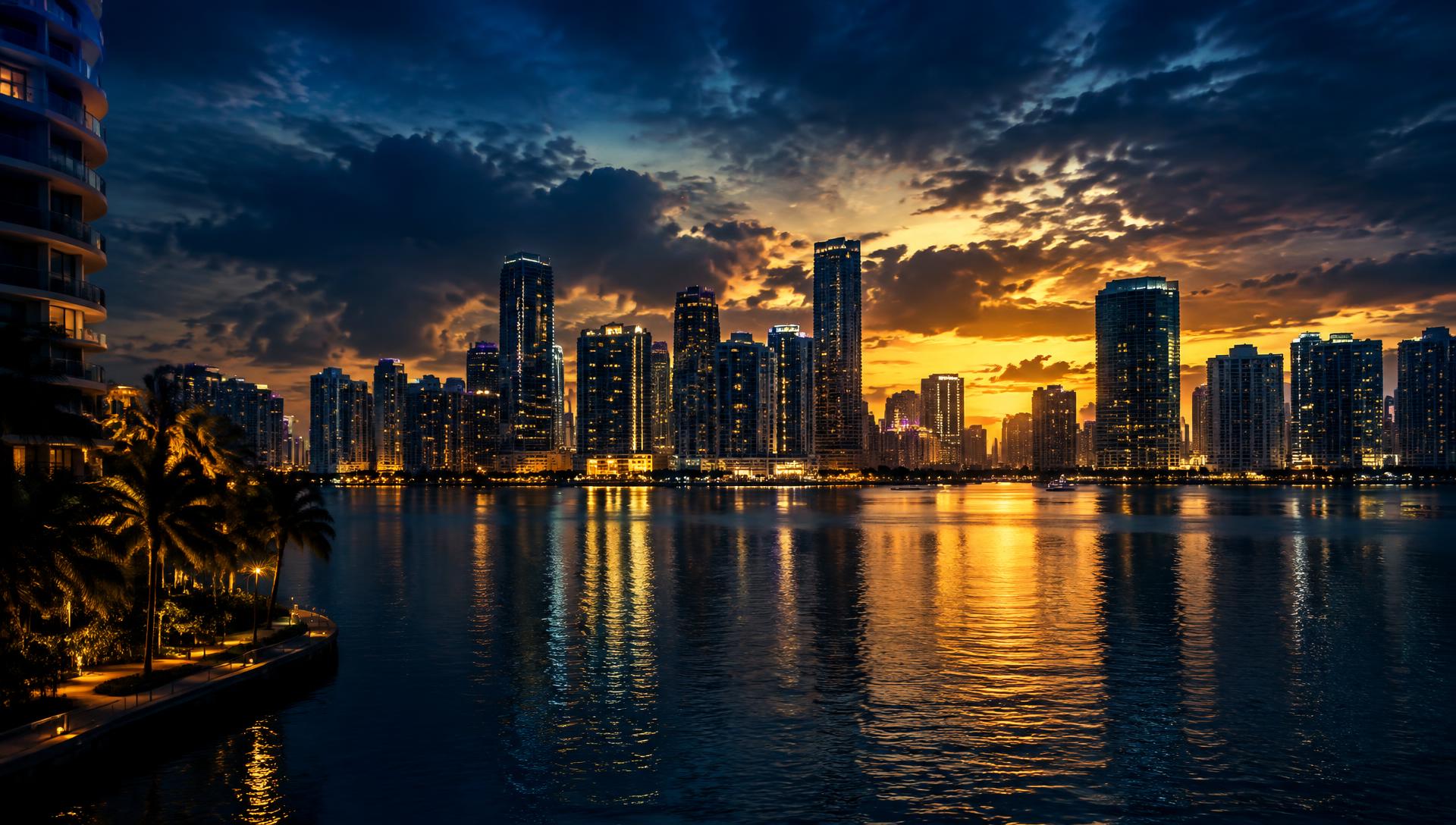 Miami skyline at dusk from Brickell Key